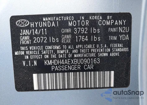 2011 Hyundai Elantra Gls (Ulsan Plant) z USA, uszkodzony, nr VIN KMHDH4AEXBU090163